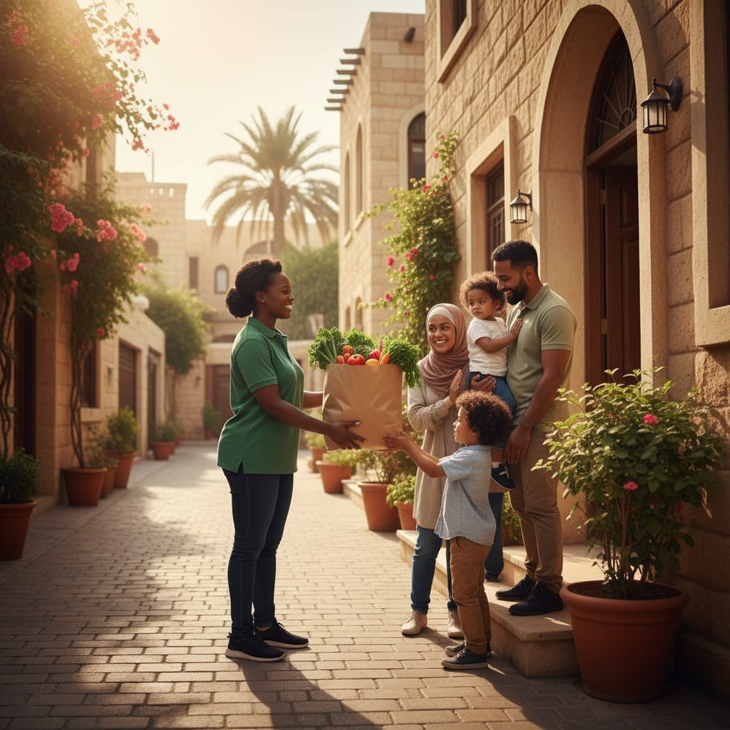 KFAR delivery driver handing fresh produce to a family